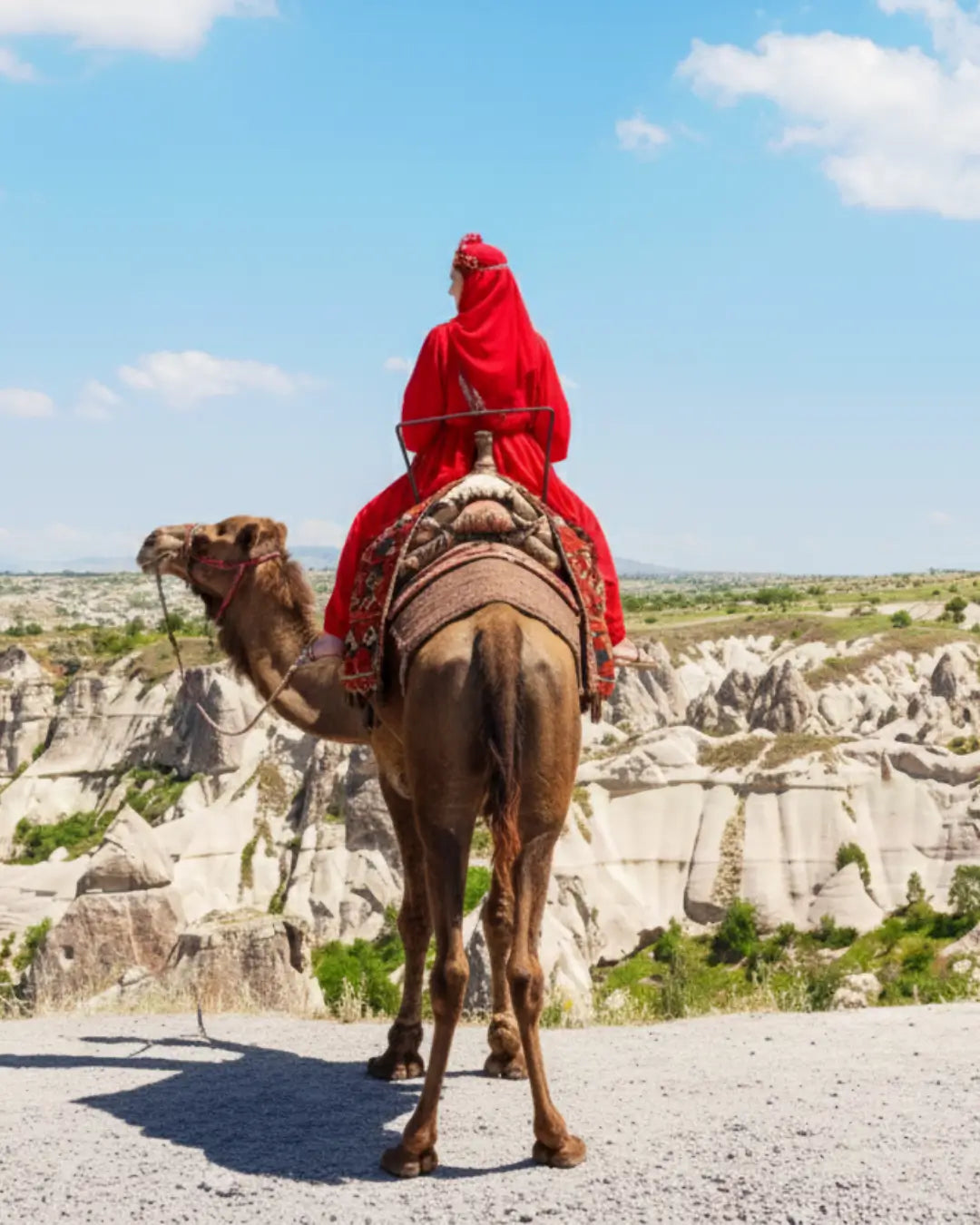 Peri bacaları önünde Kapadokya deve turu manzarası